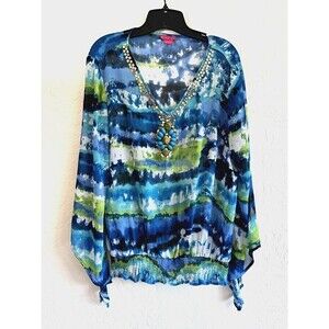 Sunny Leigh Sheer Tie Dye Blouse Woman's Size XL‎ boho peasant festival artsy